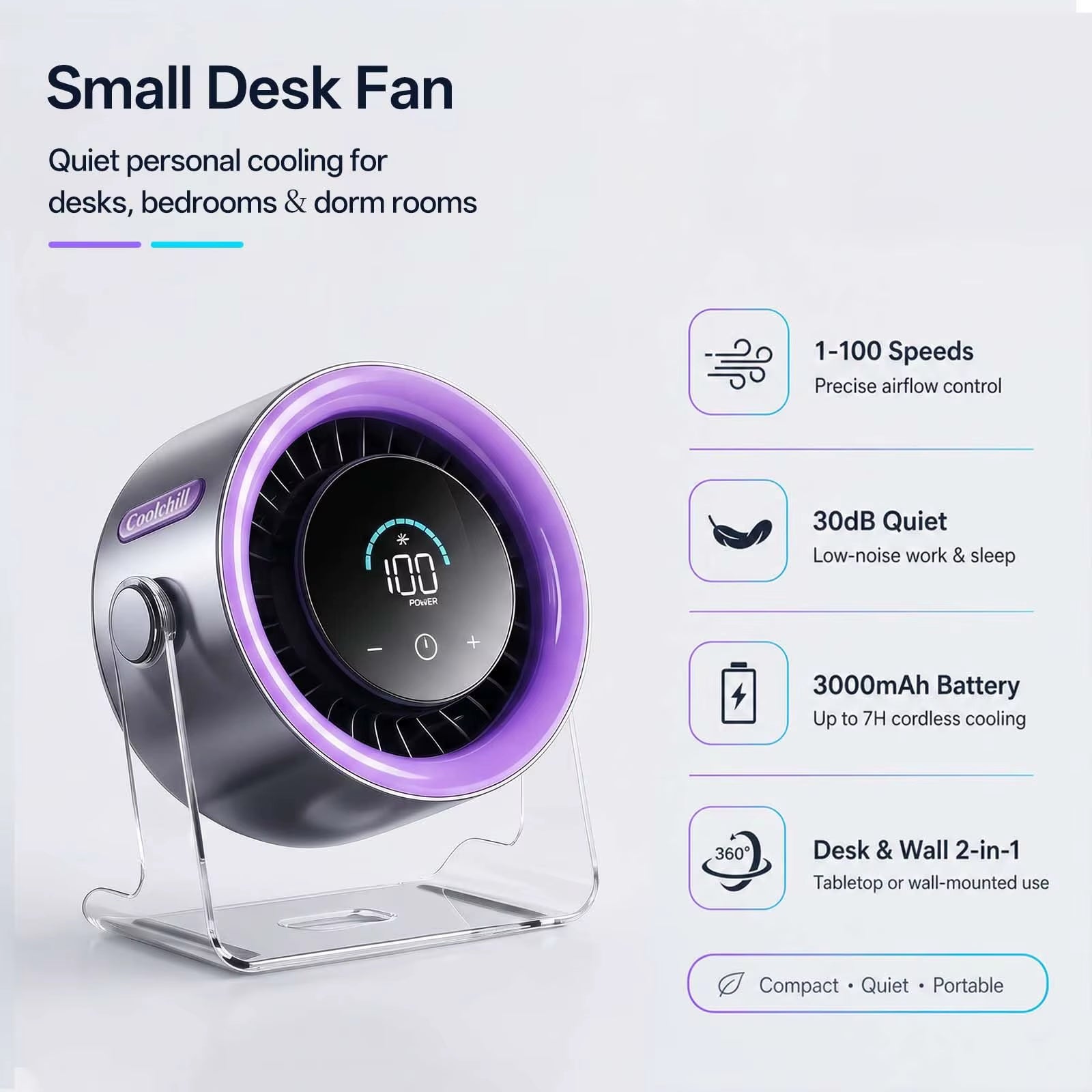 Hot Sale USB Desktop Fan 5000Mah Rechargeable Feature Touch Control Ultra Quiet Adjustable for Office Home Outdoor Plastic Car