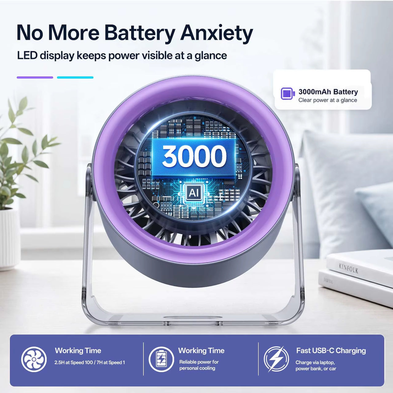 Hot Sale USB Desktop Fan 5000Mah Rechargeable Feature Touch Control Ultra Quiet Adjustable for Office Home Outdoor Plastic Car